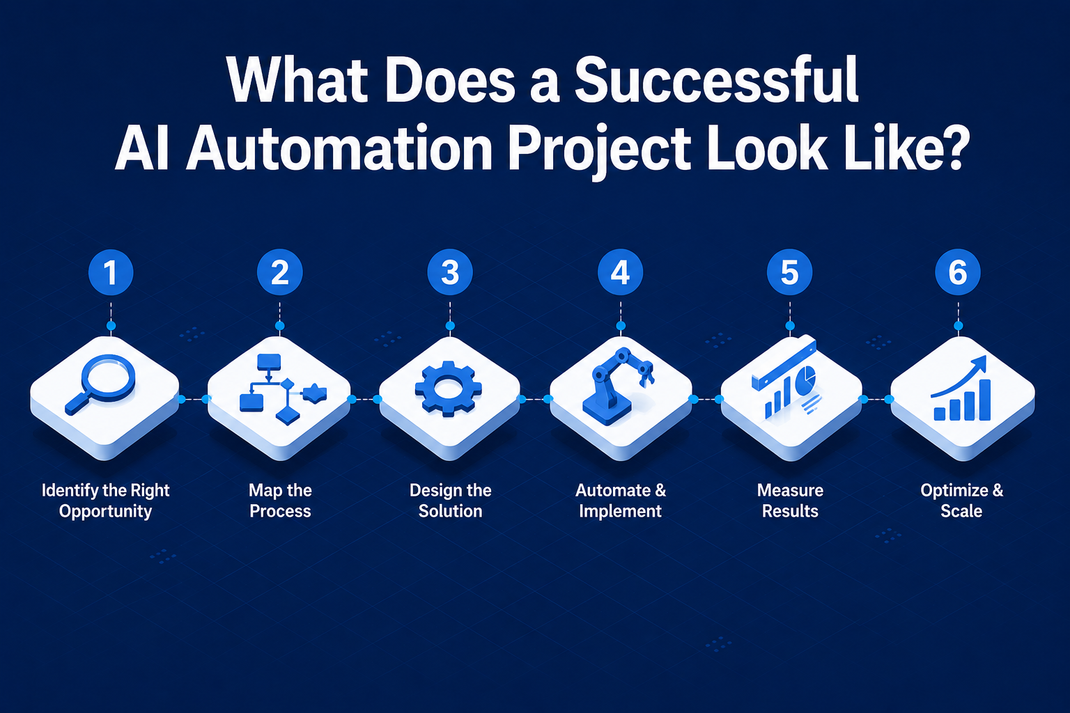 Six-step AI automation project process including opportunity identification, workflow mapping, automation implementation, measurement, and scaling.